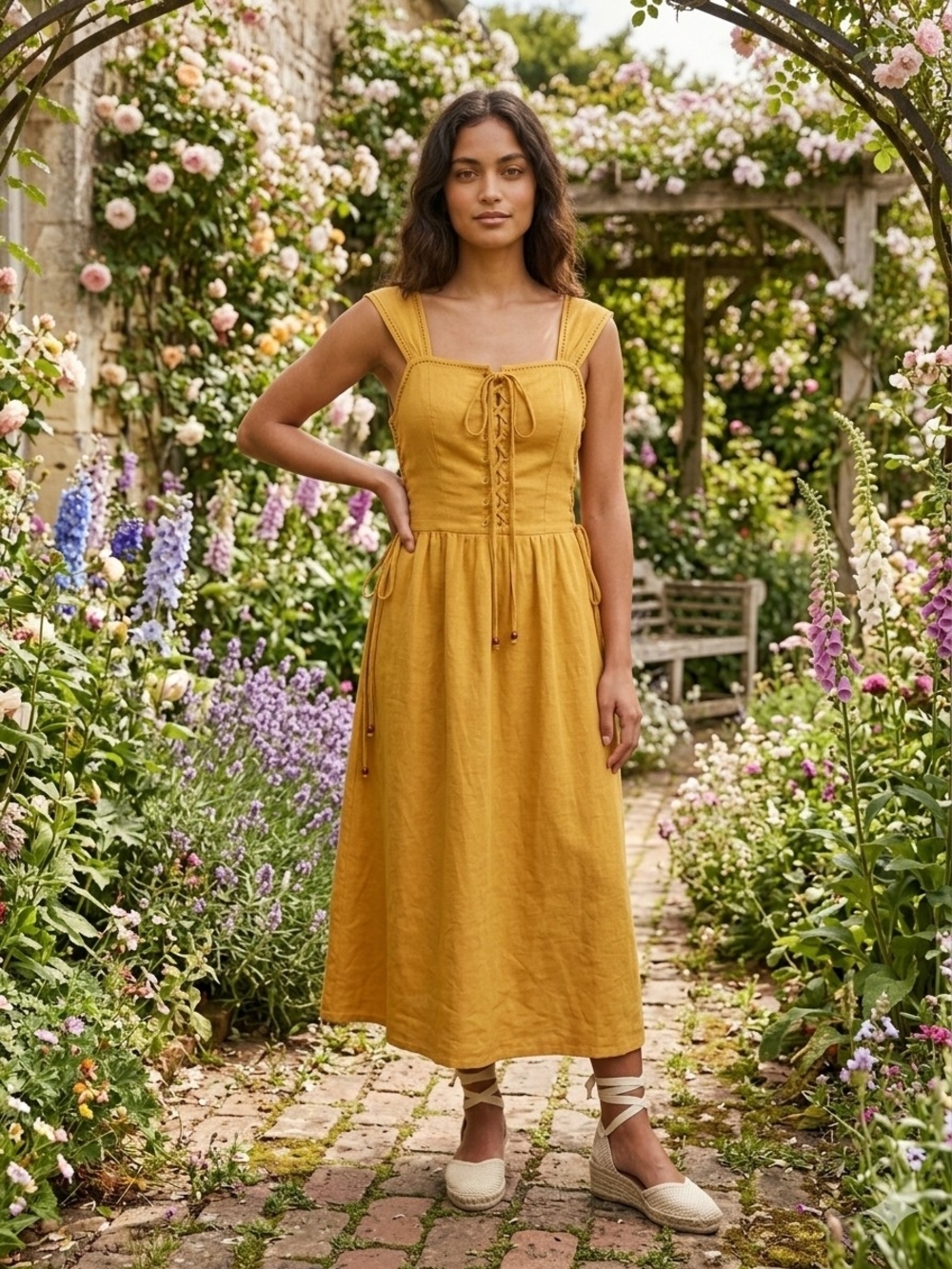 Scarlet Darkness Renaissance Midi Dress Mustard Yellow Size M Cottagecore